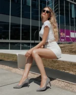 Pantofi dama cu toc gri din material textil Mirami