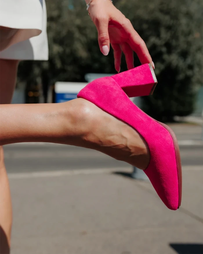 Pantofi dama cu toc roz din material textil Saida