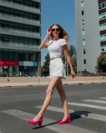 Pantofi dama cu toc roz din material textil Saida