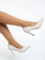 Pantofi dama cu toc bej din material textil Zuria