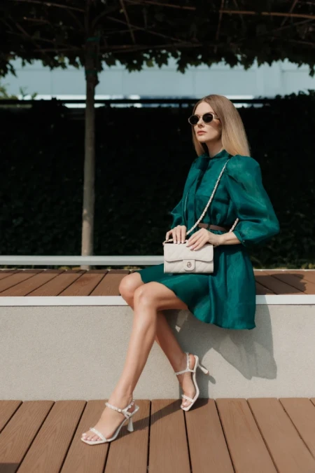 Sandale dama cu toc bej din material textil Anzira