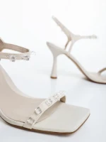 Sandale dama cu toc bej din material textil Anzira