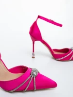 Pantofi dama cu toc roz din material textil Norelia