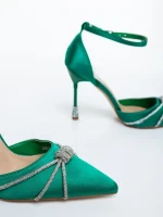 Pantofi dama cu toc verzi din material textil Norelia