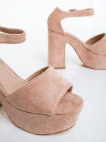 Sandale dama cu toc roz din material textil Elenia