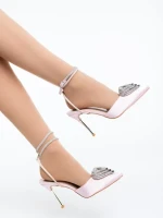 Pantofi dama cu toc roz din material textil Hilaria