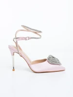 Pantofi dama cu toc roz din material textil Hilaria