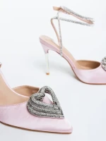 Pantofi dama cu toc roz din material textil Hilaria