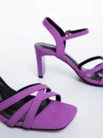 Sandale dama cu toc mov din material textil Lavania