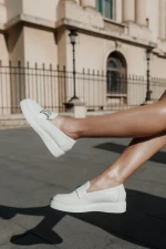 Mocasini dama albi din piele ecologica lacuita Desora