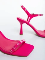 Sandale dama cu toc fucsia din material textil Anzira