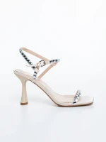 Sandale dama cu toc bej din material textil Lumira