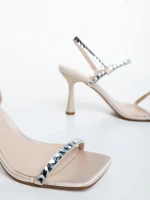 Sandale dama cu toc bej din material textil Lumira