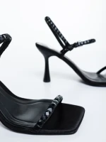 Sandale dama cu toc negre din material textil Lumira