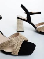 Sandale dama cu toc negre din material textil Rosea