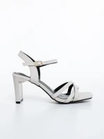 Sandale dama cu toc bej din material textil Lavania