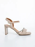 Sandale dama cu toc bej inchis din material textil Selesa
