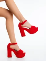 Sandale dama cu toc rosii din material textil Elenia