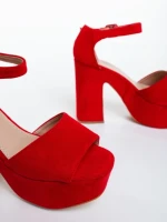 Sandale dama cu toc rosii din material textil Elenia