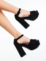 Sandale dama cu toc negre din material textil Elenia