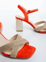 Sandale dama cu toc portocalii din material textil Rosea