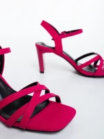 Sandale dama cu toc roz din material textil Lavania