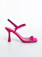 Sandale dama cu toc roz din material textil Lumira