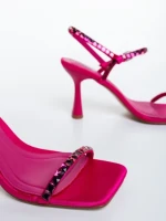 Sandale dama cu toc roz din material textil Lumira