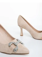 Pantofi dama cu toc bej din material textil Amandi