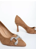 Pantofi dama cu toc bej inchis din material textil Amandi