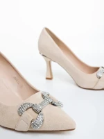 Pantofi dama cu toc bej deschis din material textil Amandi