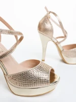 Sandale dama cu toc aurii din material textil Zabava