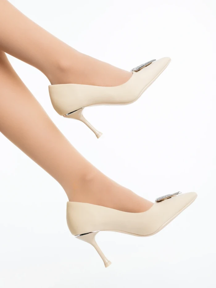 Pantofi dama cu toc bej deschis din material textil Mezara