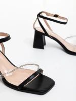 Sandale dama cu toc negre din piele ecologica Bloomia