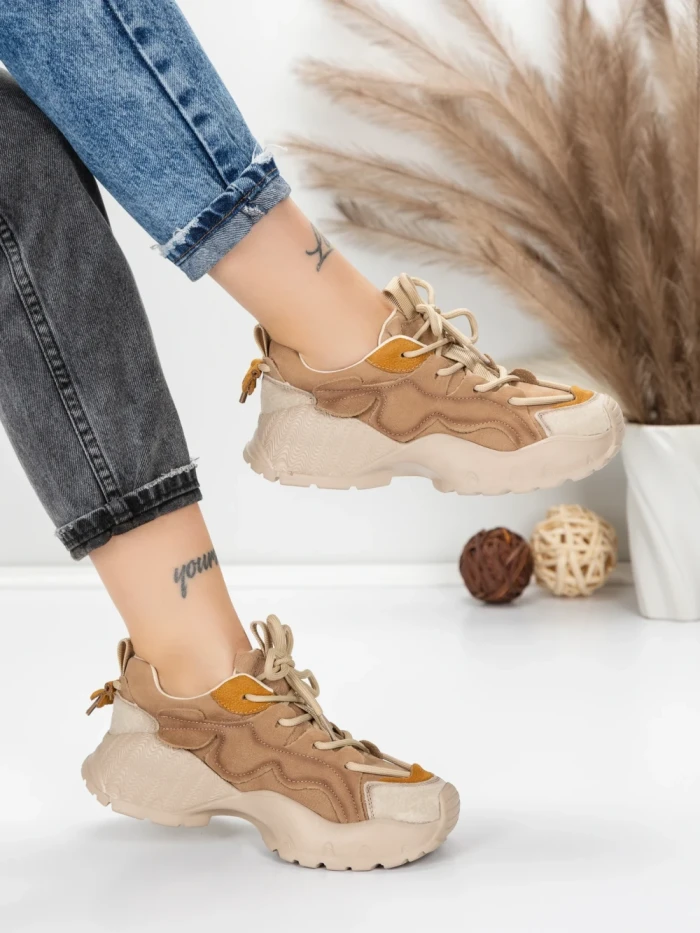 Pantofi Sport Dama din piele naturala 7110 KHAKI-CREAM | FRANCO GERARDO