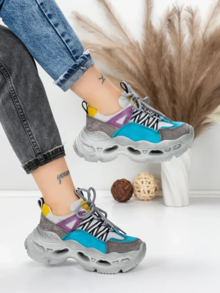 Pantofi Sport Dama din piele naturala HY6383 LIGHT BLUE-YELLOW | FRANCO GERARDO