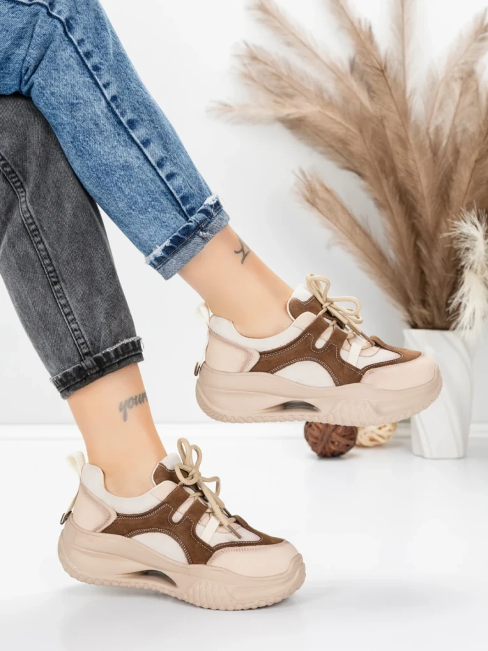 Pantofi Sport Dama din piele naturala 2577 CREAM-COFFEE | FRANCO GERARDO