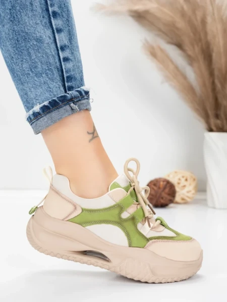 Pantofi Sport Dama din piele naturala 2577 CREAM-LIGHT GREEN | FRANCO GERARDO