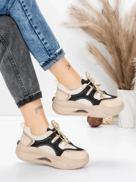 Pantofi Sport Dama din piele naturala 2577 CREAM-BLACK | FRANCO GERARDO