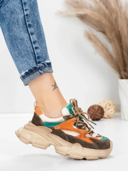 Pantofi Sport Dama din piele naturala HY5798 COFFEE-LIGHT GREEN | FRANCO GERARDO