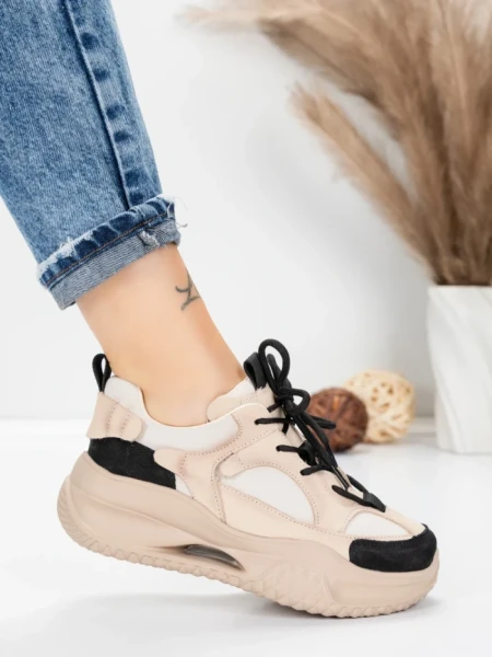 Pantofi Sport Dama din piele naturala 2576 CREAM-BLACK | ADVANCER