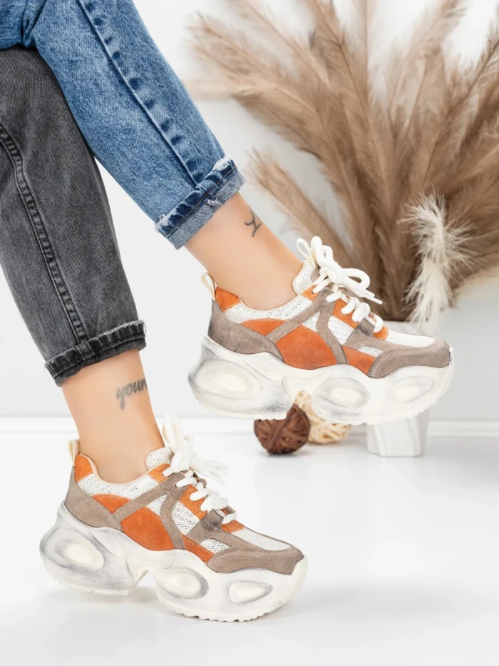 Pantofi Sport Dama din piele naturala HY8985 ORANGE-DARK GREY | FRANCO GERARDO