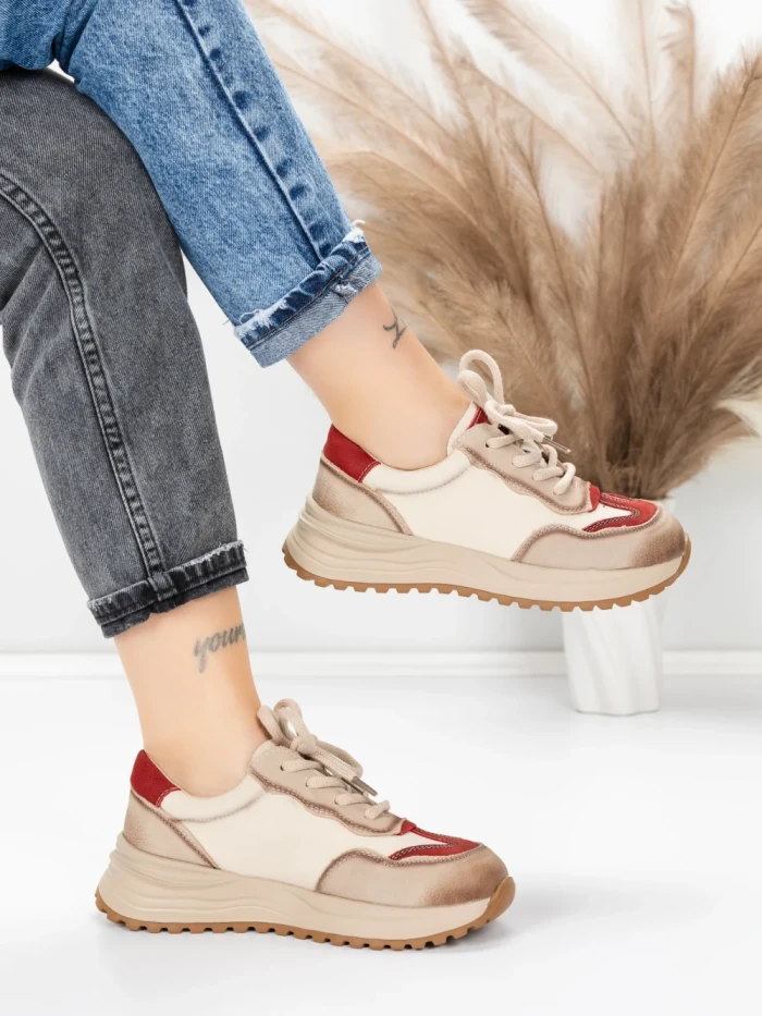 Pantofi Sport Dama din piele naturala 572305 CREAM-RED | FRANCO GERARDO