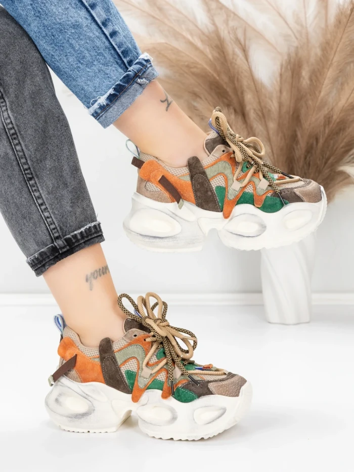 Pantofi Sport Dama din piele naturala HY8988-1 BROWN-GREEN | FRANCO GERARDO