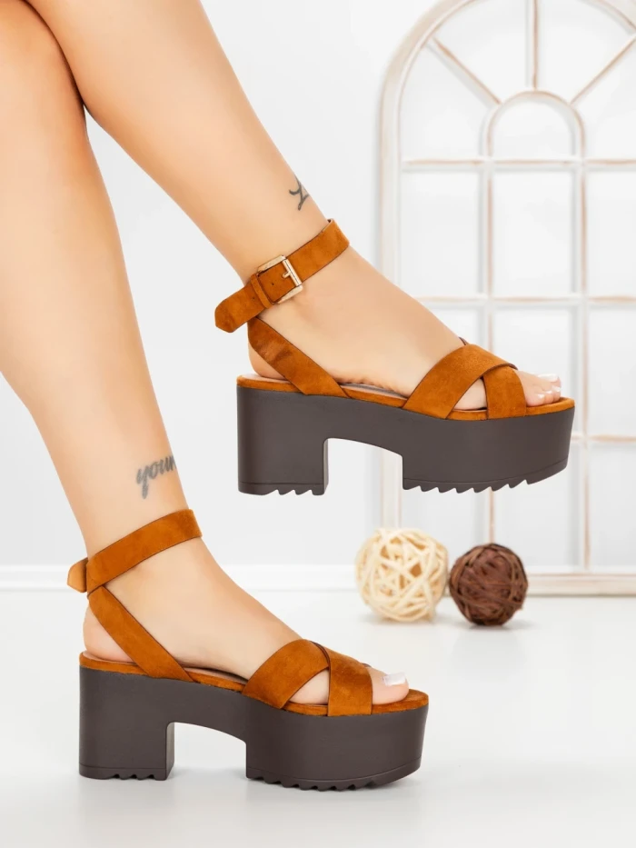 Sandale Dama cu Toc Gros si Platforma 9287CA CAMEL | STEPS HIGHER
