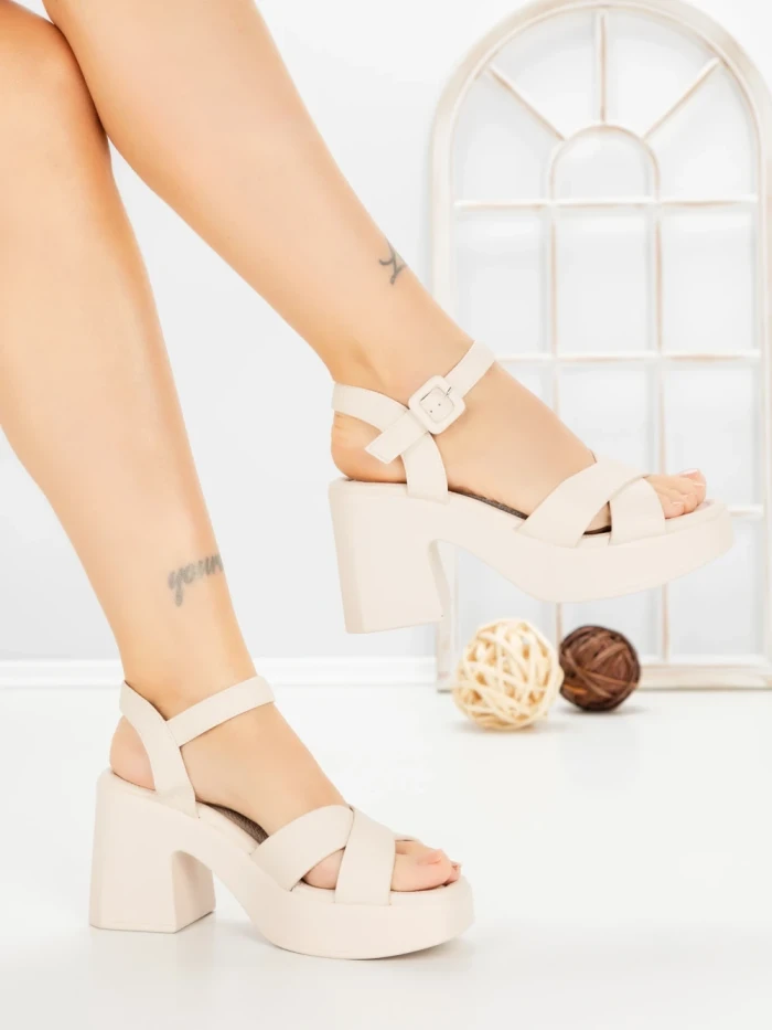 Sandale Dama cu Toc Gros si Platforma A68350 BEIGE | ANDERINA
