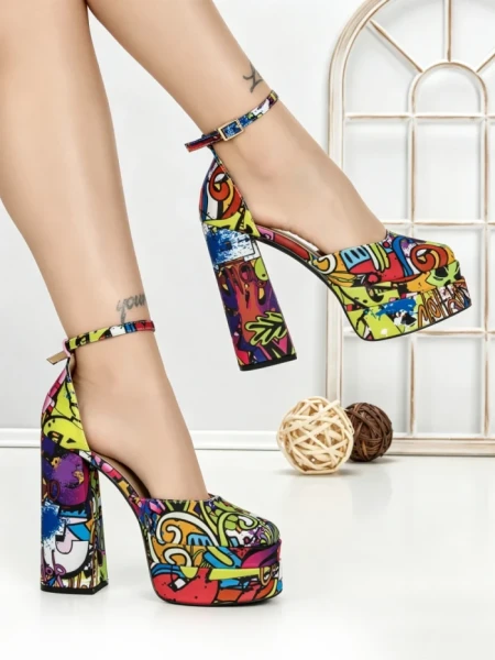 Pantofi cu Toc Gros si Platforma 9288-1 RED-YELLOW | CHERIE