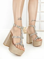 Sandale Dama cu Toc Gros si Platforma M-1 GOLD | CHERIE