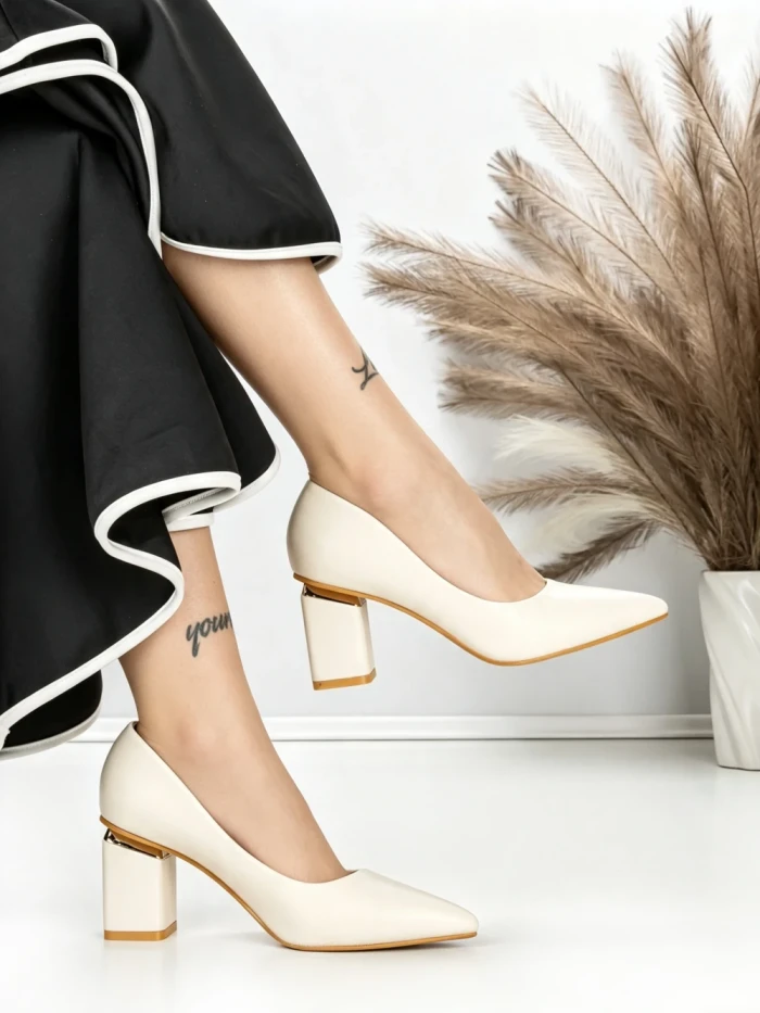 Pantofi cu Toc Gros J-221 BEIGE | CHERIE
