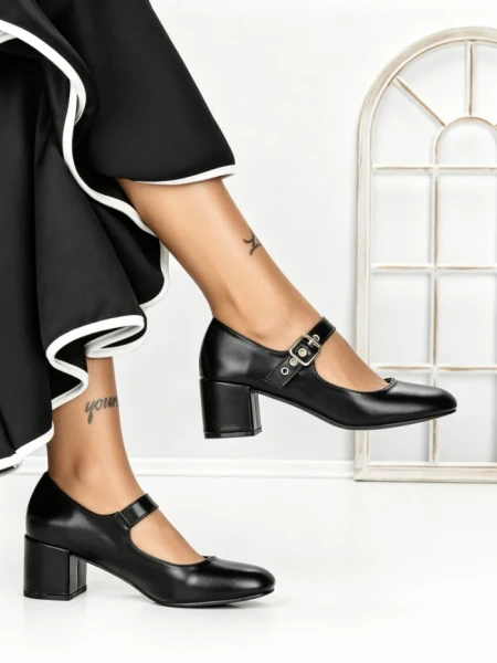 Pantofi cu Toc Gros 77-558 BLACK | CM